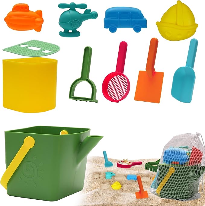 Beach Toy Set for Kids Sand Toys Summer Outdoor Play Beach Toy Bucket Shovel Rake molds for Toddlers Boys Girls Children