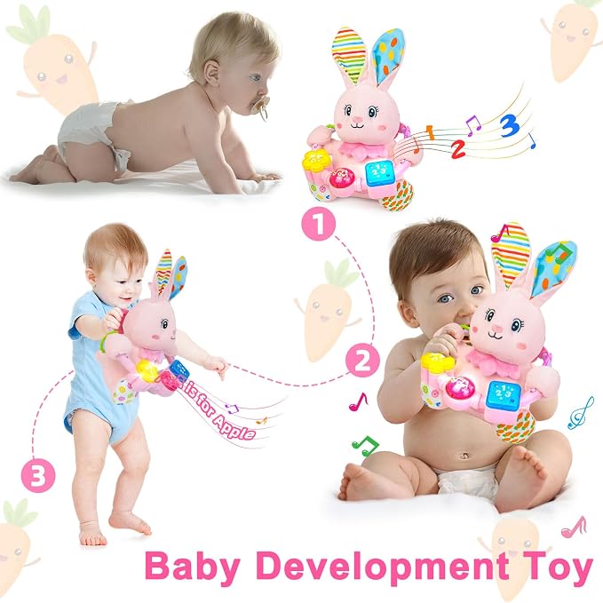 Baby Rabbit Musical Stuffed Animals Toy,Infant Bunny Bilingual Early Learning Education Toy with Light-Up Music & Crinkle,1st Easter Basket Shower Stuffers for 0 1 2 3 6 9 12 18 Month Girl,Pink