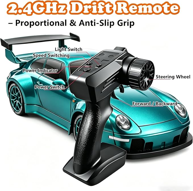 RC Drift Car, 1:24 Scale Remote Control Vehicle with LED Lights,Drifting Tires＆Two Batteries, Racing Sports Toy Idea Gift for Adults Boys Girls and Kids (Lake Blue)