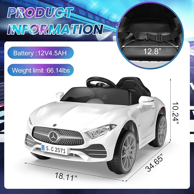 Battery Powered Electric Car Ride On Vehicle Double Doors, Safety Belt,LED Light (SC-White)