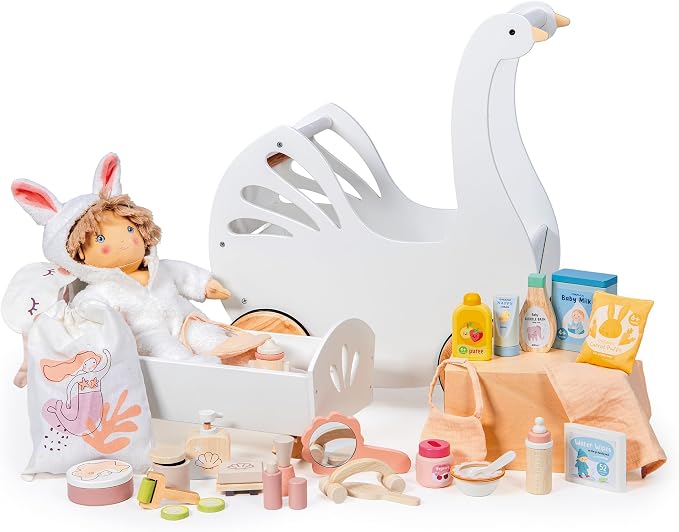 Tender Leaf Toys - Sweet Dreams Dolly Bed - Wooden Baby Doll Rocking Cradle with Bedding and Accessories - Encourages Love and Nurturing Play for Boys and Girls - Age 18m+