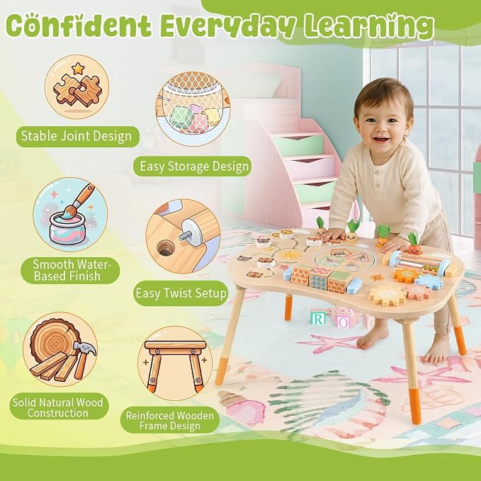 Wooden Montessori Activity Table for Toddlers 6-36 Months | 6-in-1 Montessori Baby Activity Center with Shape Sorter, Sensory Learning Toys for Boys & Girls, 1st Birthday Gifts