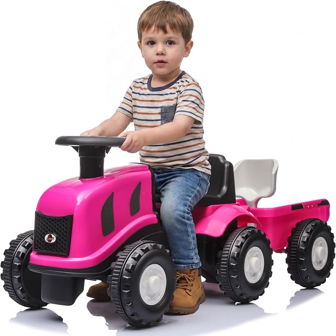 Kids Ride on Tractor, 2 in 1 Foot to Floor Push Car w/Detachable Trailer, Horn, Rake & Shovel, No Power Sliding Toy Gift for Toddlers, Outdoor Ride on Construction Vehicle (Pink)
