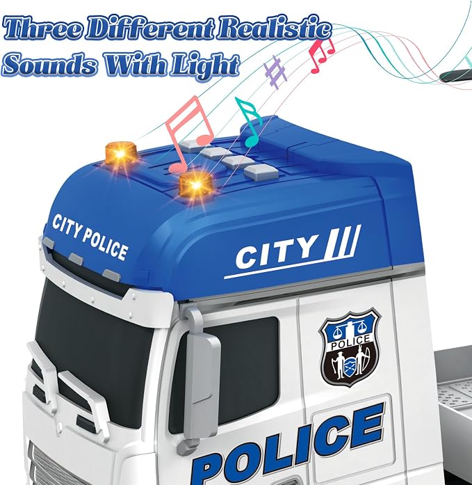 3-in-1 Police Truck Toys for Kids Ages 3-6 – 25.6 Inch Extra-Large Inertia Semi Trailer with Lights & Sounds, Detachable Light & Sound Helicopter and Police Car