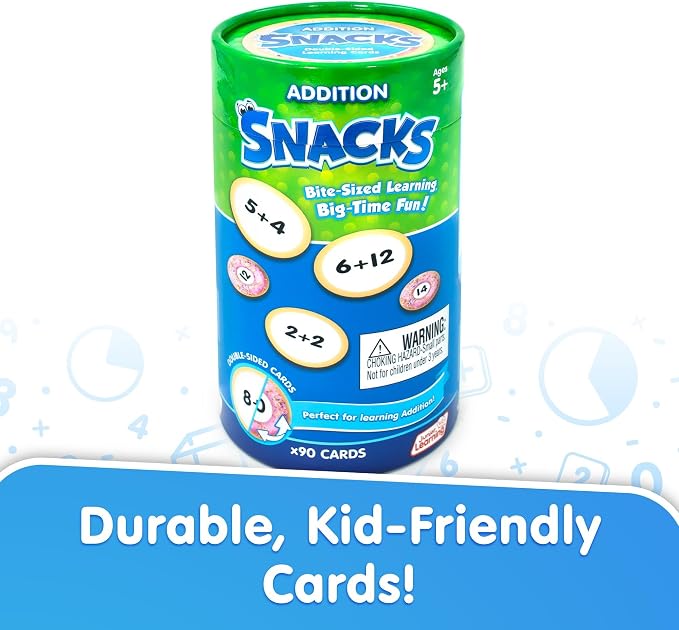 Junior Learning: Addition Snacks - Hand-On Math Practice Game, Problems On One Side - Solution On The Other, Donuts Theme Double-Sided Cards, Kids 5+