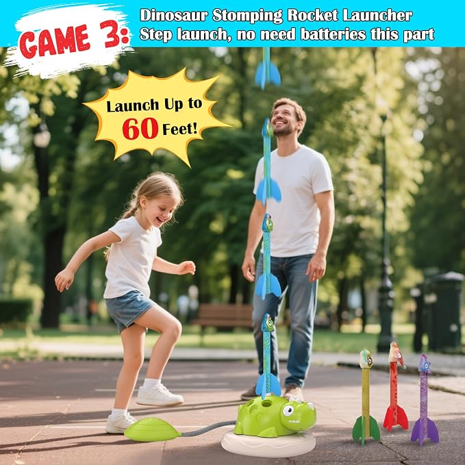 Dinosaur Rocket Launcher for Kids, 3 in 1 Outdoor Toys for Kids Ages 3-8, Stomp Rocket, Musical Jumping Toy & Ring Toss Game , Backyard Toys, Birthday Gift for 3 4 5 6 7 8 Year Old Boys Girls