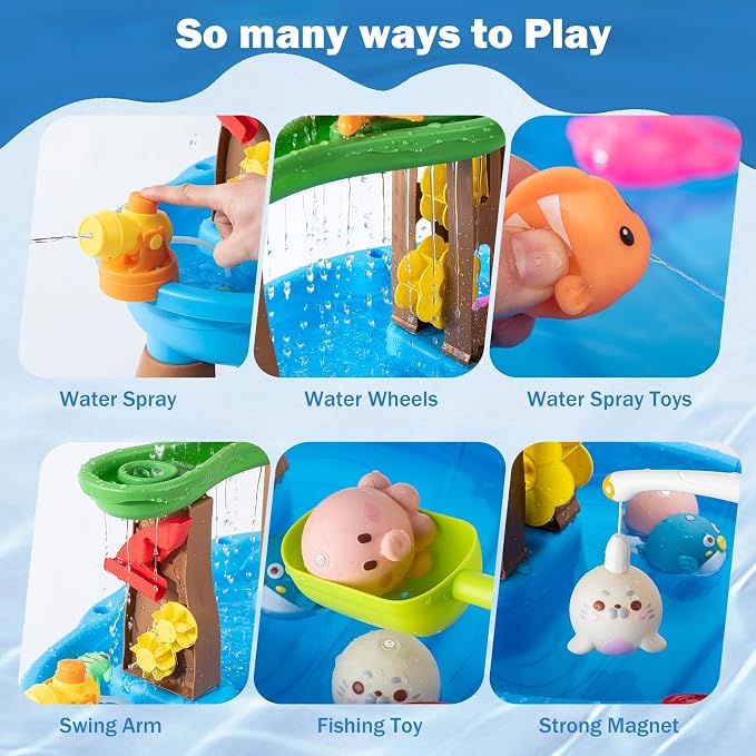 Water Table for Toddlers 3-5 Outdoor Toys for Kids Ages 4-8 3-Tier Kids Sand Water Tables with Fishing Game Set Activity Sensory Table Summer Gift Beach Outside Toys for Toddler Boys
