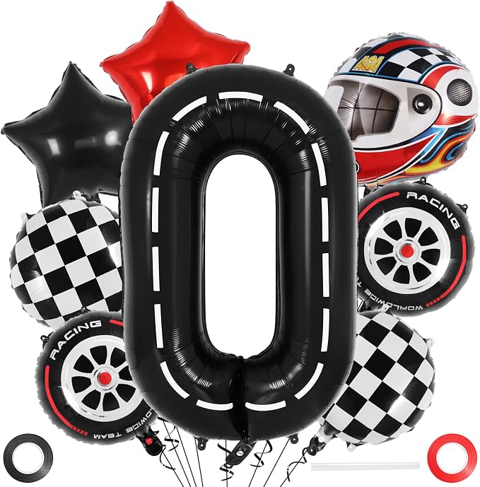 Race Car Birthday Balloons, Racetrack Number 0 Balloon, 40 Inch Large Foil Black 0 Balloon for Birthday Race Car Themed Party Decoration