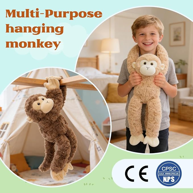 MorisMos 3Pcs Hanging Monkey Stuffed Animal Plush Toys, 16" Stuffed Monkey with Long Hands – Wearable & Huggable, Soft Cuddly Monkey Plushies for Home Decor, Christmas Birthday Gift for Kids Adults
