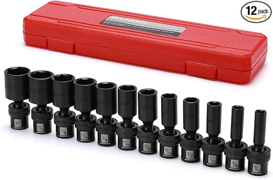 MIXPOWER 3/8" Drive Deep Impact Universal Joint Swivel Socket Set, SAE, 5/16" - 1", Deep, Flexible Wobble, Chrome Molybdenum Steel, 12 Pieces Set
