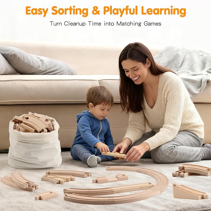 Qilay Wooden Train Track Set - 62PCS Track Expansion with 1 Bonus Magnetic Trains, Arched Bridge, Storage Bag, Compatible with All Major Brand Train Set for Kids 3+
