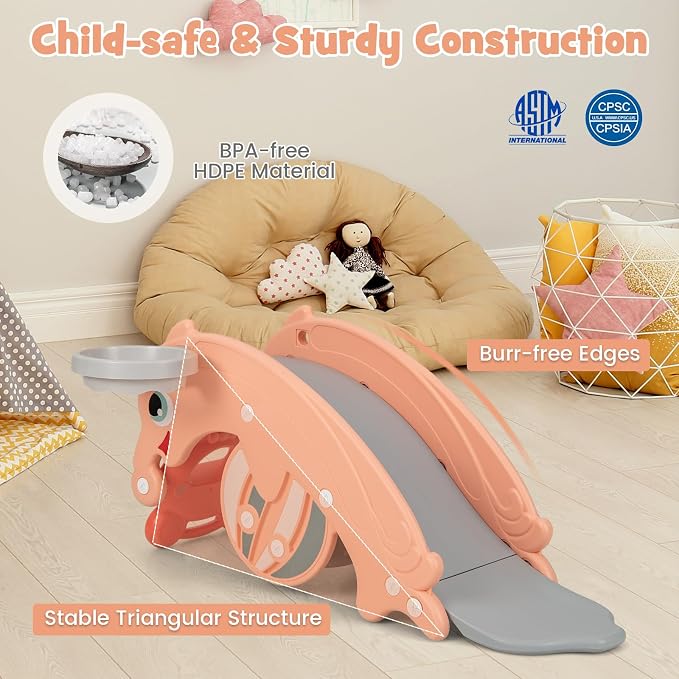 Costzon 4 in 1 Toddler Slide Rocking Toy, Slide for Kids with Basketball Hoop, Rocking Horse, Climber Playground Kids for Both Indoors Outdoor Use (Pink Frog)