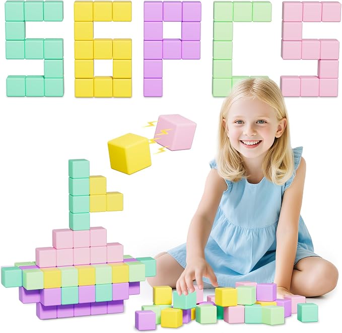 Large Magnetic Blocks for kids ages 4-8-Toddler Toys,56PCS Big Magnet Building Blocks, STEM Sensory Travel Autism Montessori Toys for Boys&Girls, Learning Construction Magnetic Cubes for Birthday Gift