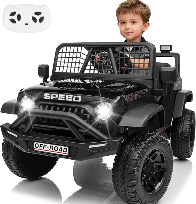 24V Jeep Power Wheels w/Remote Control, 4WD Ride on Truck Car, 3 Speed, Bluetooth Music, Wide Seat, Spring Suspension, LED Light, Birthday for Boys Girls Toddler (D-Black)