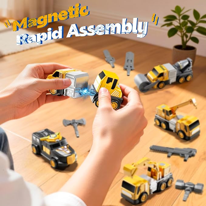 5-in-1 Robot Toys Cars for Kids 3-5, Magnetism Transforming Robots, Detachable Construction DIY Assembling Vehicle Sets, Educational Toys for Boys Girls 3 4 5 6 7 8, Birthday Gifts(Yellow)