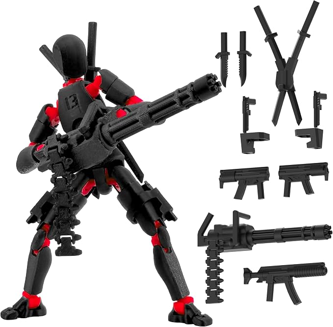 Gatling Gun Titan 13 Action Figure Set【Assembled】, Robot T Action Figure 3D Printed Dummy 13 Action Fidget Toys Figure Articulated, Lucky 13 for Collectors Desktop Decorations (Red-Black)