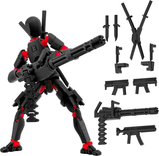 Gatling Gun Titan 13 Action Figure Set【Assembled】, Robot T Action Figure 3D Printed Dummy 13 Action Fidget Toys Figure Articulated, Lucky 13 for Collectors Desktop Decorations (Red-Black)