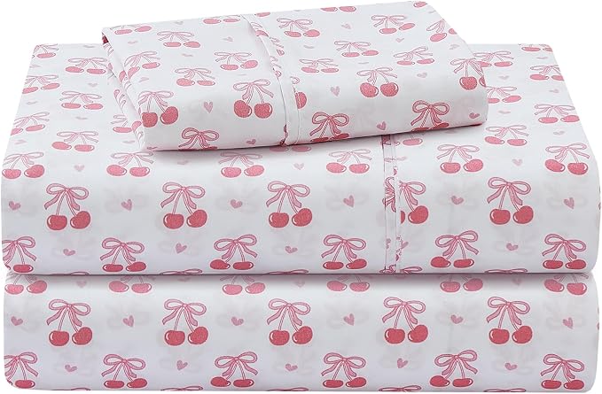 Viviland 4 Pieces Girls Pink Full Sheet Set - Soft Microfiber Fitted Flat Sheets & Pillowcase - Pink Cherry Bow Print Bedding Sets - for Kids & Toddlers