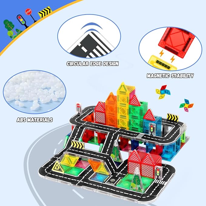 Mini Magnetic Tiles Road Track Set 56pcs – Portable STEM Travel Toy with Sturdy Metal Tin, Compatible with Major Magnetic Brands, for Kids 3 4 5+ Year Old Boys Girls