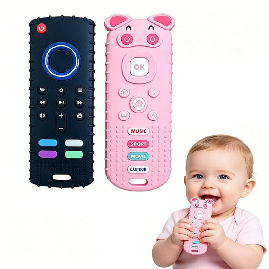 SOLIFEGOBLE 2 Pack Silicone Teething Toys, Cute Pig-Shaped Remote Control Style Teethers for Babies 6-18 18-24 Months, BPA-Free Soft Chew Toys for Teething Relief (Black+Pink)