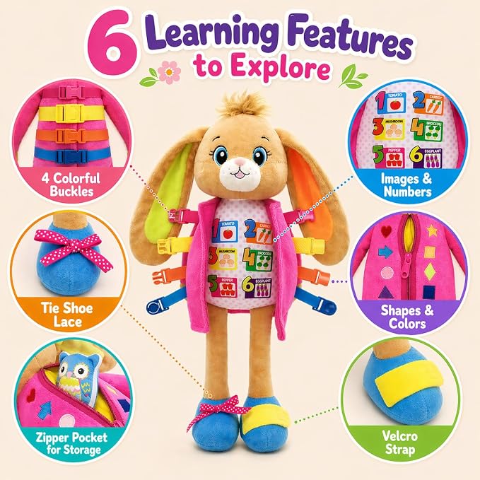 June Garden 16" Dressy Friends Bunnie - Educational Stuffed Plush Doll for Kids and Toddlers 2 Years and Up - Montessori Soft Toy Doll