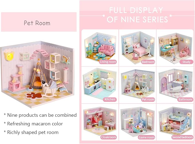 Kisoy Dollhouse Miniature with Furniture Kit, DIY 3D Wooden DIY House Kit A Corner of a Small Apartment Style with Dust Cover & LED,Handmade Tiny House Toys for Gift of Teens and Adults(Pet Room)