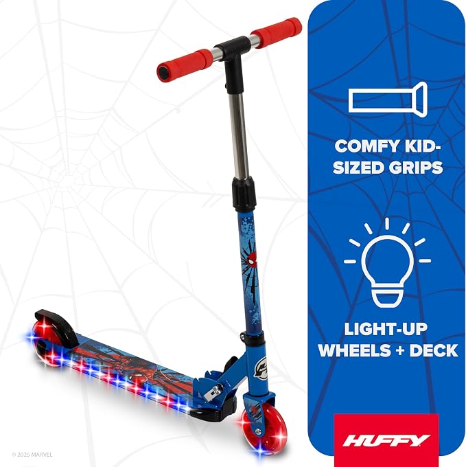 Huffy Light Up Inline Scooter for Kids, 2 Wheel Kick Scooter with LED Lights and Rear Brake, Foldable, Adjustable Handlebar on Select Models, Durable Frame, Licensed Character Graphics