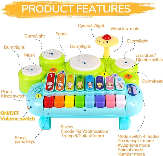 Baby Piano Drum Set for Toddlers 1-3, Musical Toys 3 in 1 Baby DJ Table Piano Keyboard Xylophone Drum Instruments for 1 2 Year Old Boys Girls Music & Light Activity Table Babies First Birthday Gifts