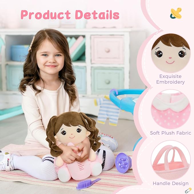 MaoGoLan 6Pcs Pink Baby Doll Set, 11'' Baby Doll Accessories, Soft Plush Doll with Portable Bassinet, Blanket, Bottle & Clothes, Pretend Play Set, Ideal Valentine Christmas Birthday Gift for Girls