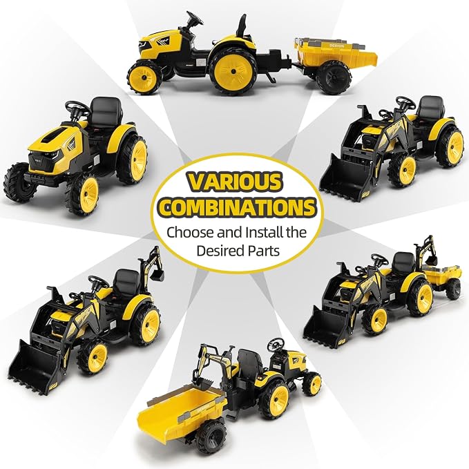 3 in 1 Ride on Tractor, 24V Ride on Toy for Big Kids, Excavator Bulldozer - Battery-Powered Electric Vehicle w/Trailer, Digger, Remote Control, LED Lights, Music, USB, Battery Powered, Yellow