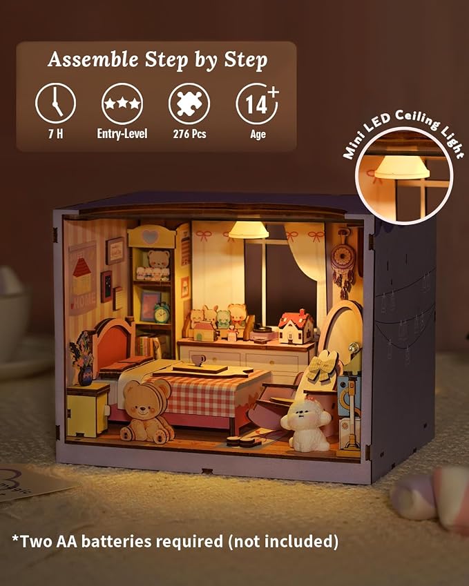 DIY Miniature House Kit-Bedroom, 3D Wooden Puzzles with LED Light Tiny House Mini House Building Kit for Adults, Wooden Adults Crafts Home Decor Gifts for Parents Friends