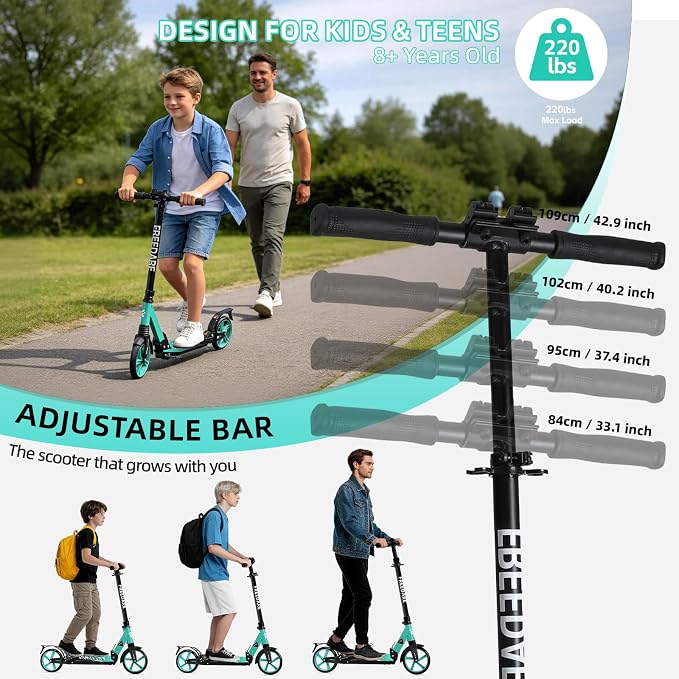 FREEDARE Kick Scooter for Kids & Adults Ages 8+, Foldable Teen Scooter with 2 Big 8-inch Wheels and 4-Level Adjustable Handlebar, Max Load 220 LBS