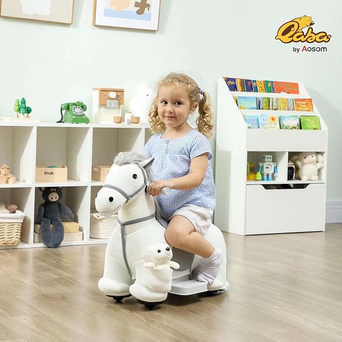 Qaba 6V Kids Ride on Horse, Battery Powered Ride on Toy, Electric Riding Pony with Bear Toy, Music, Soft Touch, PU Wheels, Foot Pedal, Forward, for Girls Boys Aged 1.5-5 Years, White