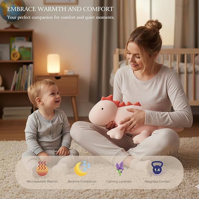 KOWSI® Microwavable Heating Pad Pink Stegosaurus Plush - 1.4 Lb Weighted Stuffed Animal Toy with Tourmaline Beads & Lavender - 16" Squished Long Dinosaur Pillow - Lumbar Back Cushion Lasting Warmth