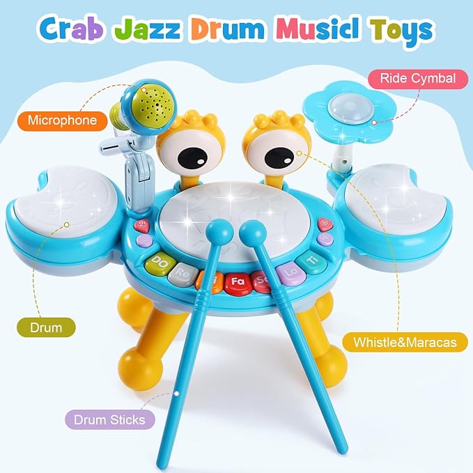 Resosese Toddler Drum Set for 1-3 Year Old, Baby Drum Set for Kids 1 2 3, Montessori Learning Toys with Light-Up Microphone, Birthday Gift for Baby Boys Girls 6 9 12 18 Months