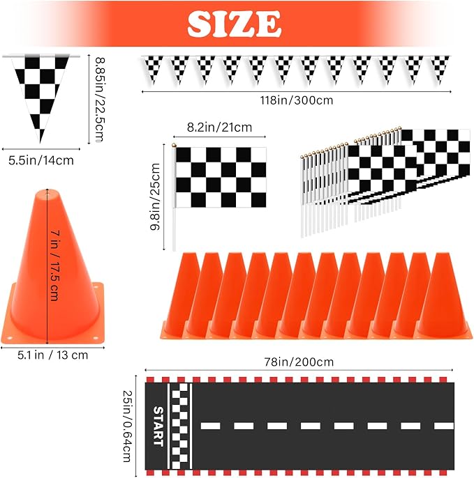 AHIER 38 Pcs Traffic Cones and Racing Flags Set - 12 Plastic Cones With Hole, 24 Checkered Flags With Sticks, 6.5Ft Racetrack Floor Runner and 9.8ft Race Track Banner