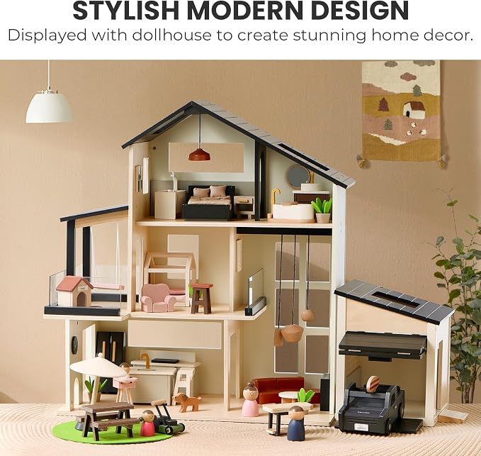Tiny Land Modern Family Dollhouse & Wooden Dollhouse Garage Toy Set