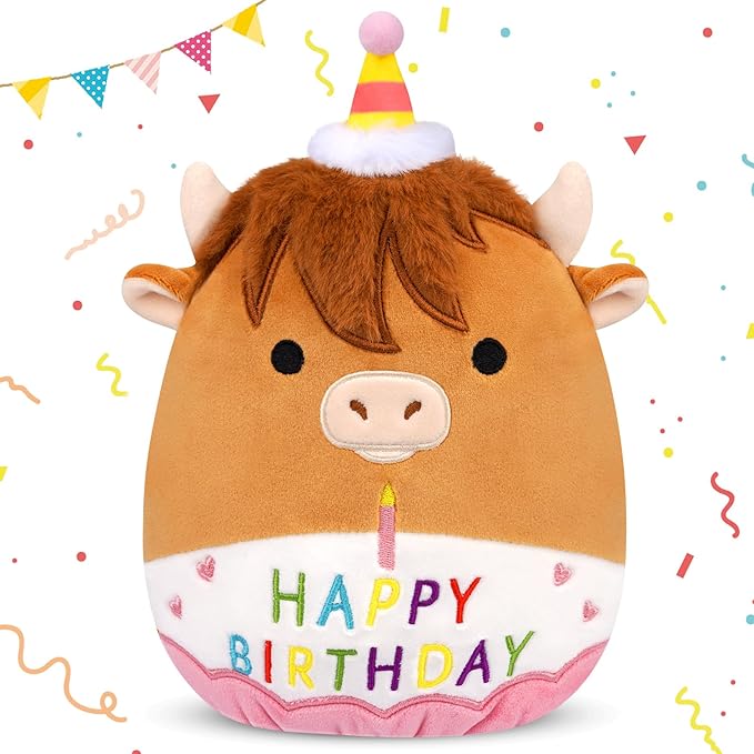 Birthday Highland Cow Plush Toy- 9inch Cute Birthday Highland Cow Stuffed Animal Pillows Toys, Soft Cow Stuffy Gifts Party Decoration for Kids Girls Boys
