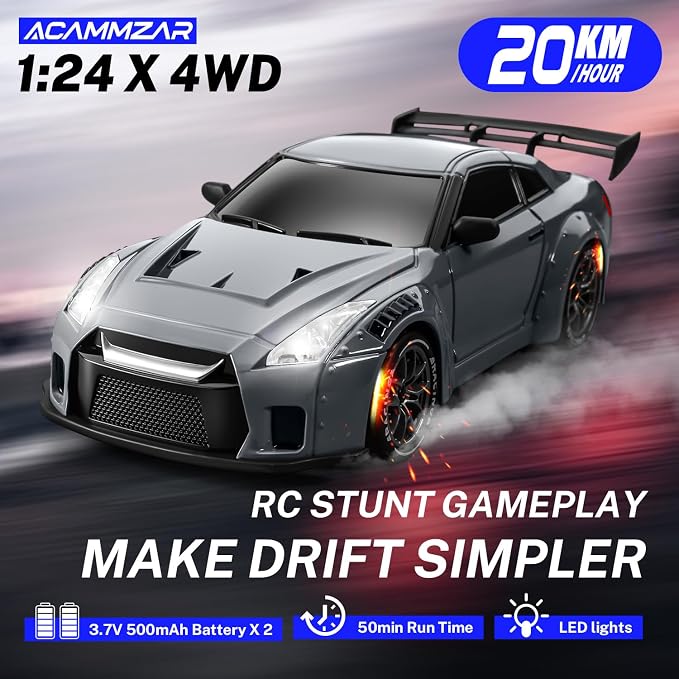 ACAMMZAR RC Drift Car, 1:24 Remote Control Car for Kids, 20KM/H 4WD High Speed RC Cars with Lights, Extra Racing Tires, Vehicle for Adults Boys Girls, Gray