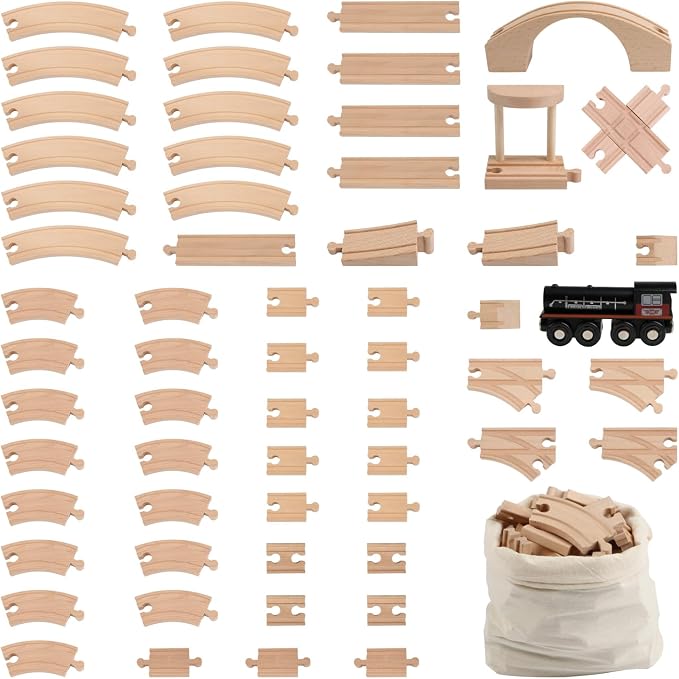Qilay Wooden Train Track Set - 62PCS Track Expansion with 1 Bonus Magnetic Trains, Arched Bridge, Storage Bag, Compatible with All Major Brand Train Set for Kids 3+
