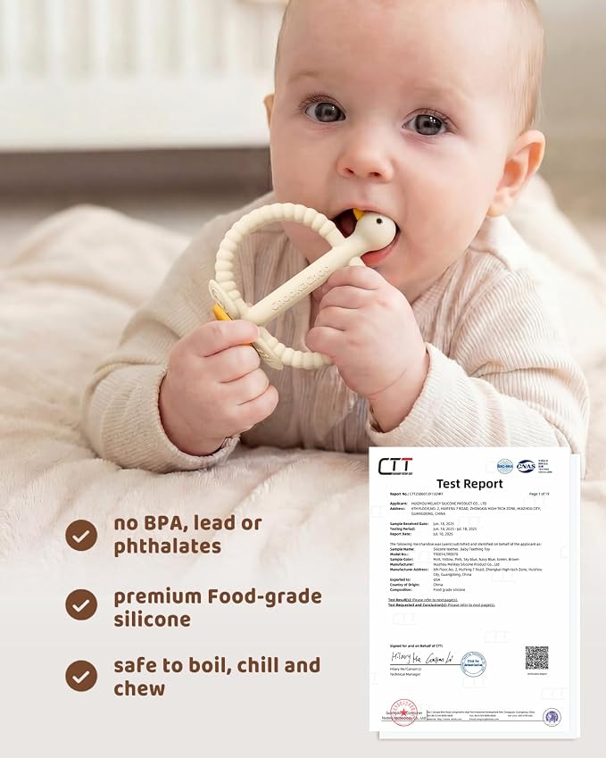 ChooKaChoo Baby Teether Toy and Training Toothbrush, Duck Silicone Teething Toys for Babies 3-12 Months, Double Ring Easy-Grip Design, Food-Grade BPA Free, Multi-Texture Relief for Gums & Molars