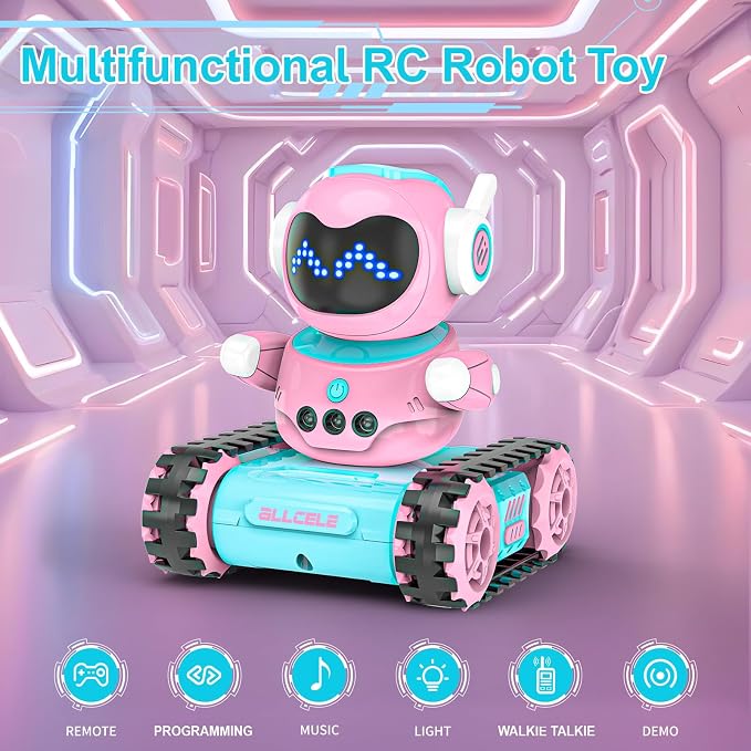 ALLCELE LED RC Robot Toys for Girls with Programming, Music, Demo and LED Function, Remote Control Robot Toy, Gift for Girls 3-8 Years Old Blue Pink