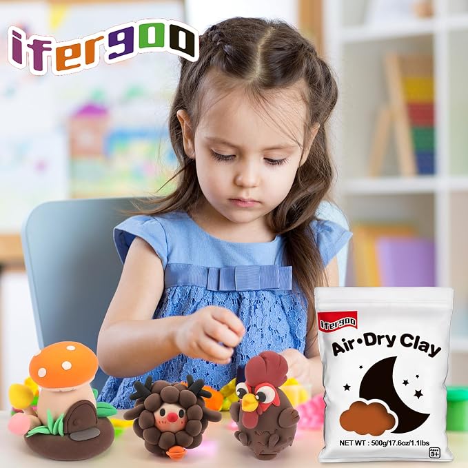 ifergoo Brown Air Dry Clay - Moldable Cosplay, DIY Creative Modeling Clay for School Arts & Craft Project, Fake Bake, Slime Supplies, Super Light Magic Foam Molding Clay, Soft, No-Sticky, 1.1LBS/500G