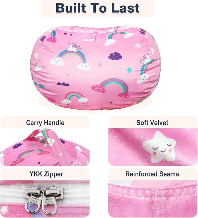 Lukeight Unicorns Stuffed Animals Storage Bean Bag Chair Cover for Kids Teens, Cozy Velvet Plush Toy Organizer Seat, Cover Only, No Filling Included, Long YKK Zipper, Side Pocket, XX-Large 36 x 20 in