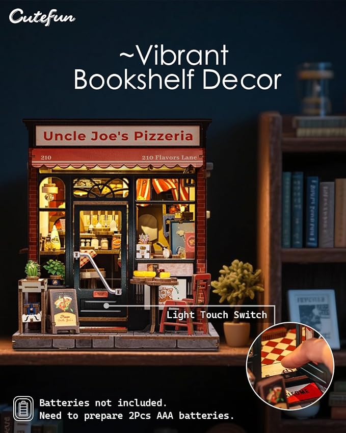 Cutefun Book Nook Kit - DIY Miniature Pizza Shop Booknook Kits for Adults and Teens, 3D Wooden Puzzle Bookend Bookshelf with LED Light, Creative Crafts Gifts for Beginners (Uncle Joe's Pizzeria)