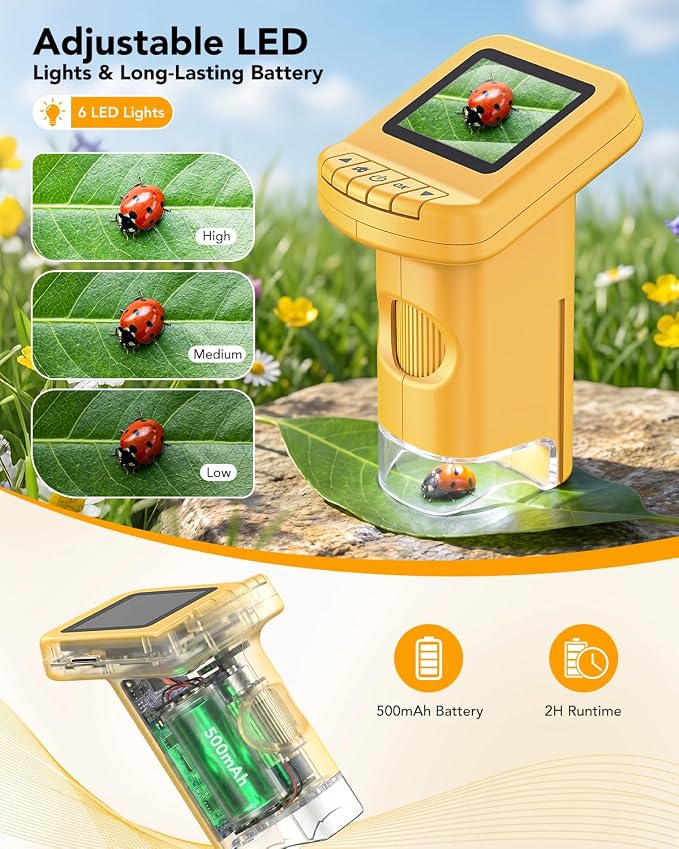 1200X Handheld Microscope for Kids, Portable Kids Microscope HD Screen Video Record, Pocket Digital Microscope STEM Educational Toys, Birthday Gifts for Ages 6-12 Boys Girls