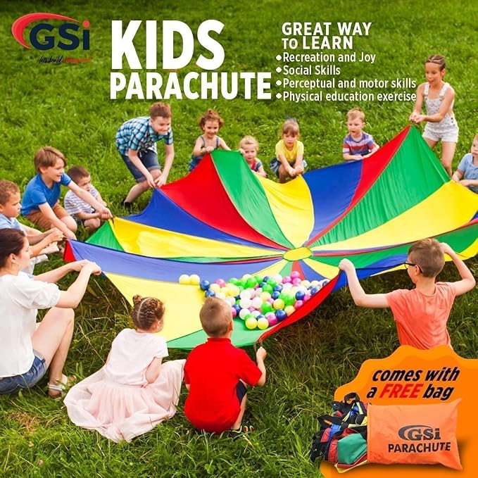 GSi Kids Play Parachute Rainbow Parachute Toy Tent Game for Children Gymnastics Cooperative Play and Outdoor Playground Activities (8 Feet)