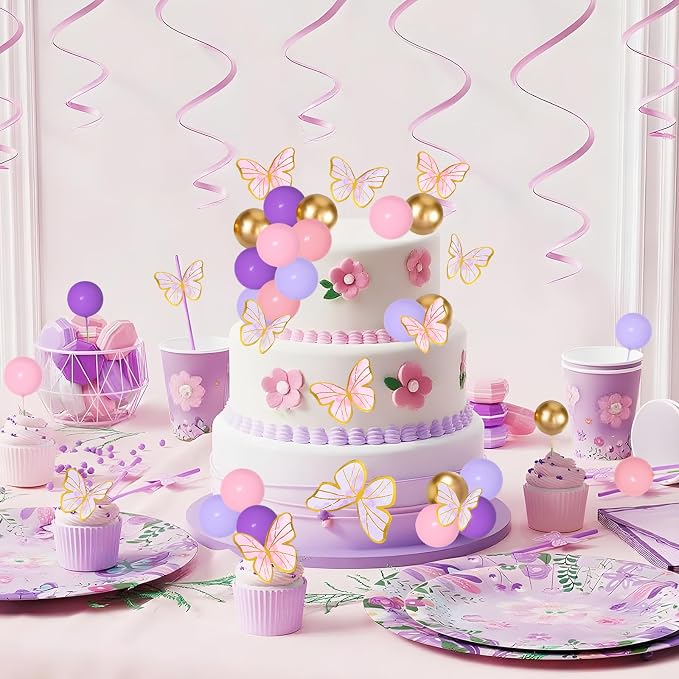 Pink Purple Butterfly Cake Toppers 47Pcs Pastel Balls Cake Toppers Butterflies Cupcake Decoration Balls Cupcake Insert Foam Balloons Cake Topper for Baby Shower Wedding Bridal Shower Party