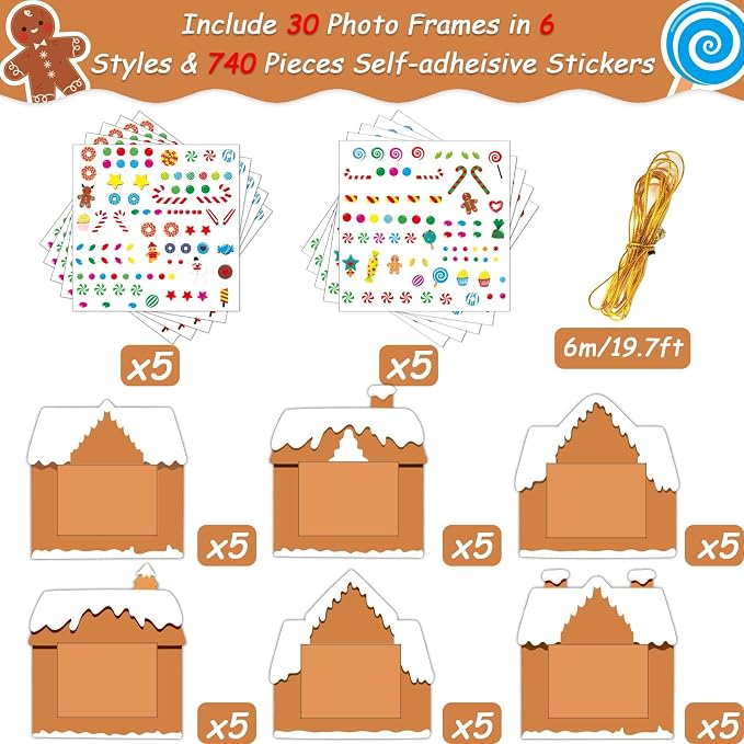chiazllta 30 Packs Christmas Picture Frame Craft Kits for, Xmas DIY Gingerbread Candy Craft Holiday Art Favor Home Class Game Activities for