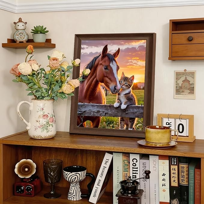 CHWGLFGG 5D Full Round Drill Diamond Painting Kit for Adults, Horse and Tabby Kitten Sunset Farm Diamond Art Canvas, DIY Paint by Diamonds Dot Gem Craft 12x16 Inch for Home Wall Decor